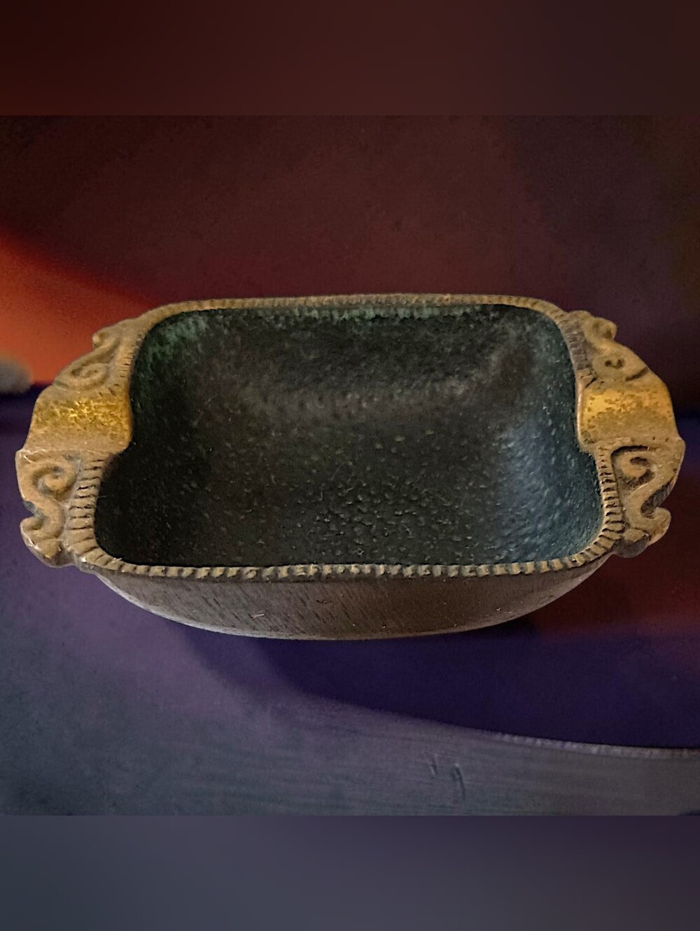 Vtg Dayagi Israel Brass Enamehled Ashtray MCM Black Ornate Catchall Trinket Dish